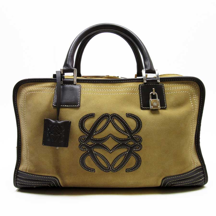 Auth LOEWE Anagram Amazona 36 Handbag Beige/Dark Brown Suede/Leather