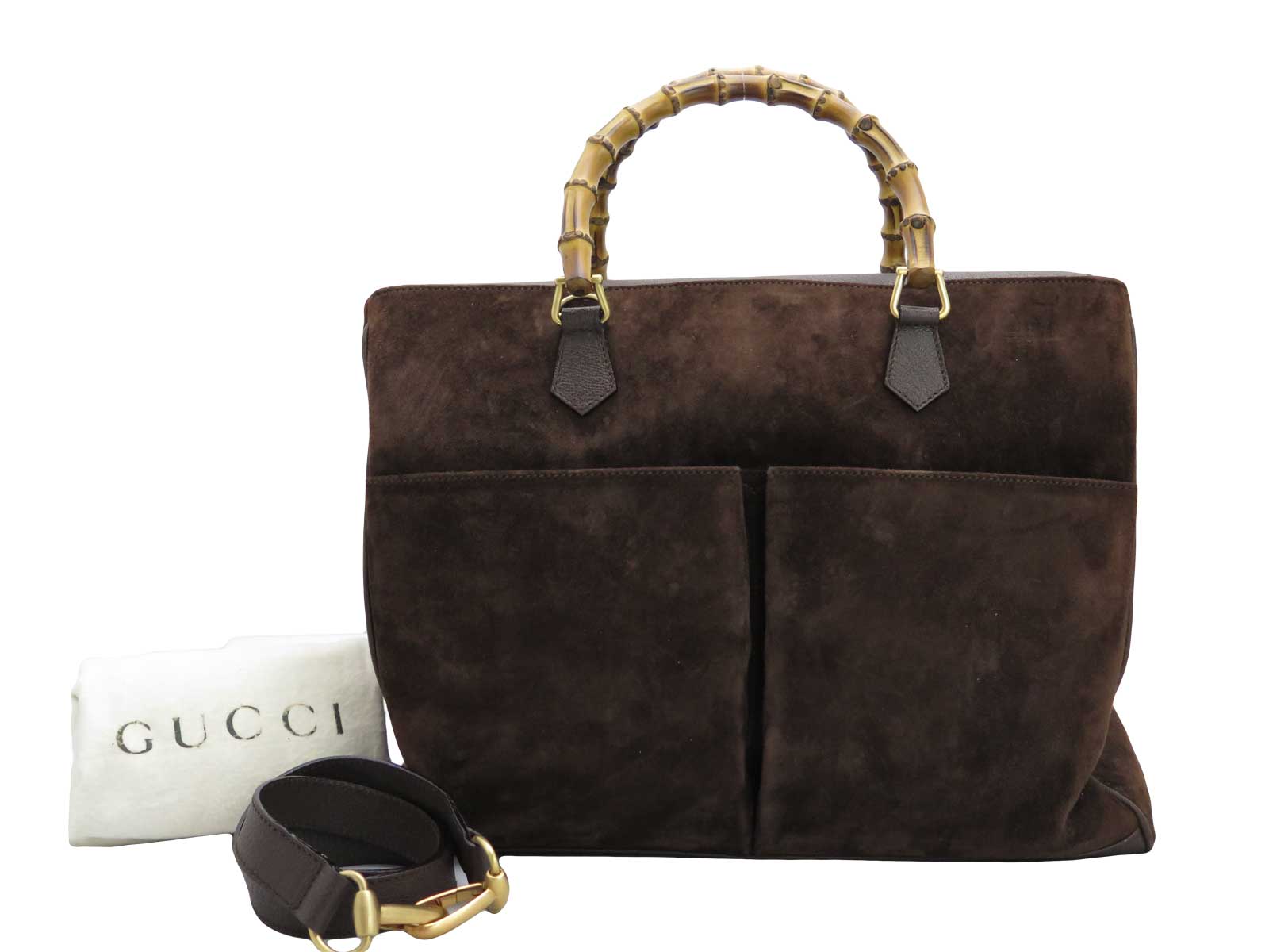 Auth GUCCI Bamboo 2-way Handbag Shoulder Bag Dark Brown Suede/Leather
