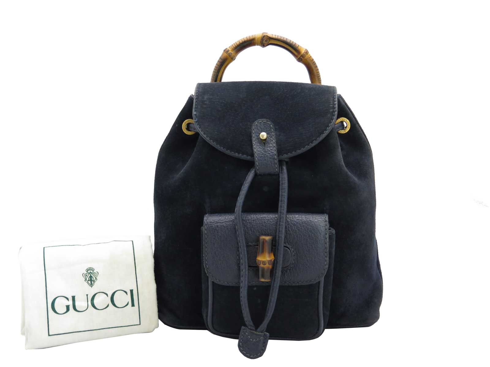 Auth GUCCI Bamboo Mini Drawstring Backpack Navy Suede/Leather Goldtone - e10698 | eBay
