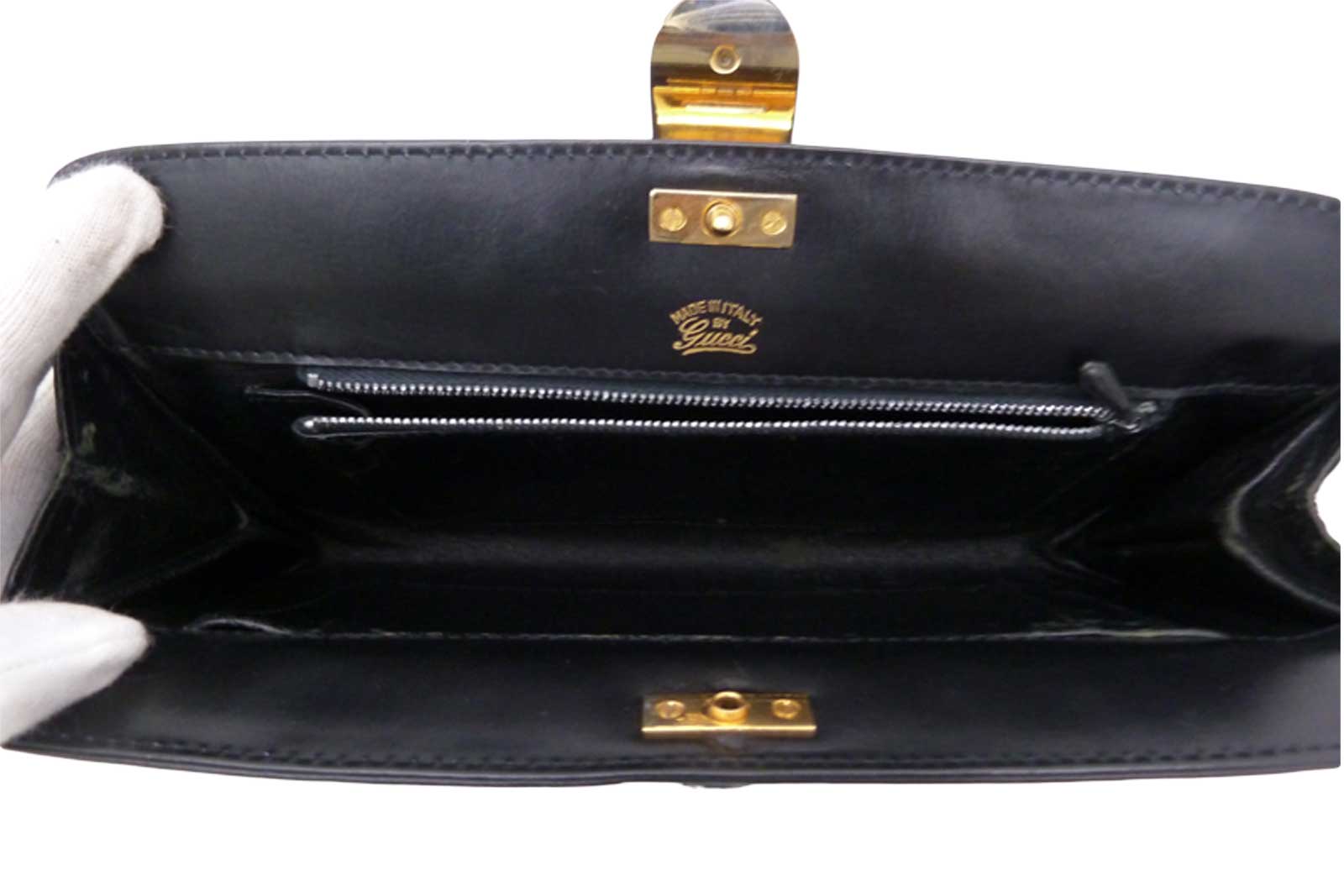Auth GUCCI Clutch Purse Handbag Black Leather Gold/Leather - e12600