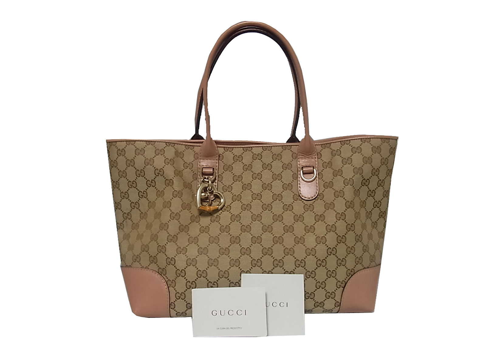 Auth Gucci Gg Logo Heart Bit Tote Bag Pink Brown Gold Canvas Leather E13051 Ebay