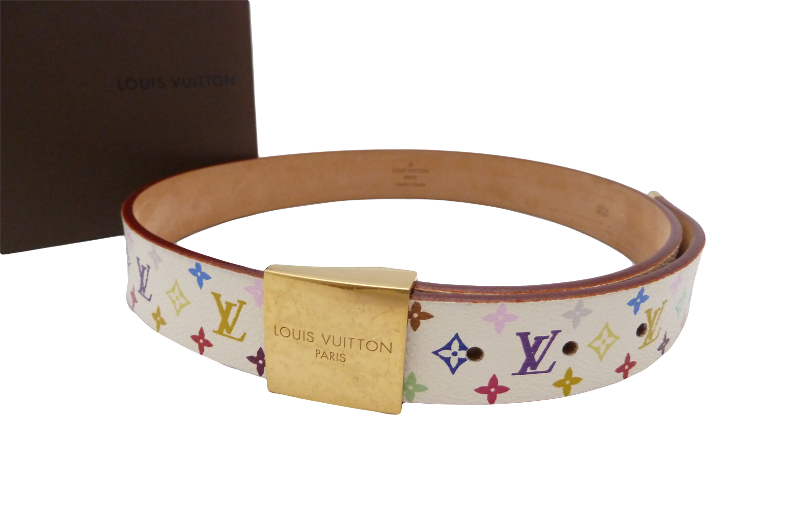 Auth-Louis-Vuitton-Multicolor-Monogram-Canvas-Belt-Size-70-Gold-w-box-e13558