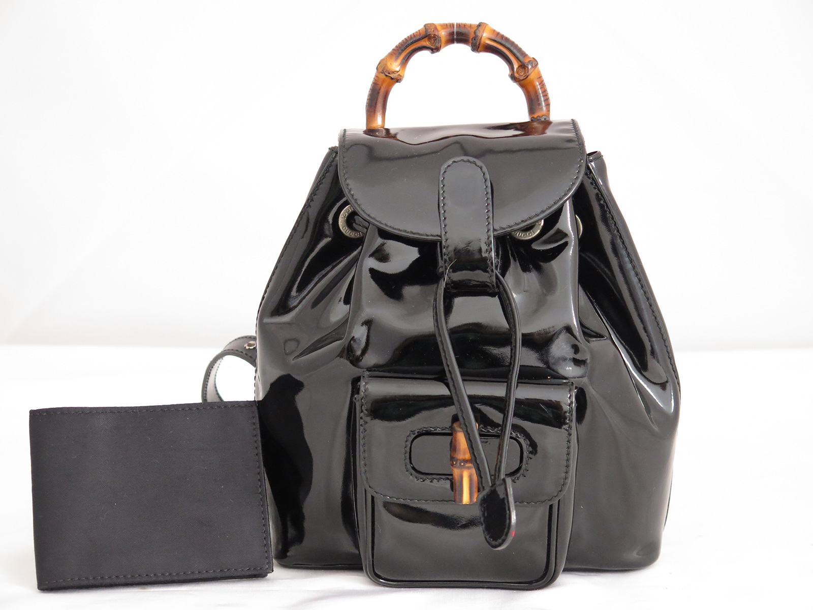 Auth GUCCI Bamboo Mini Drawstring Backpack Black Patent Leather - e18496 | eBay