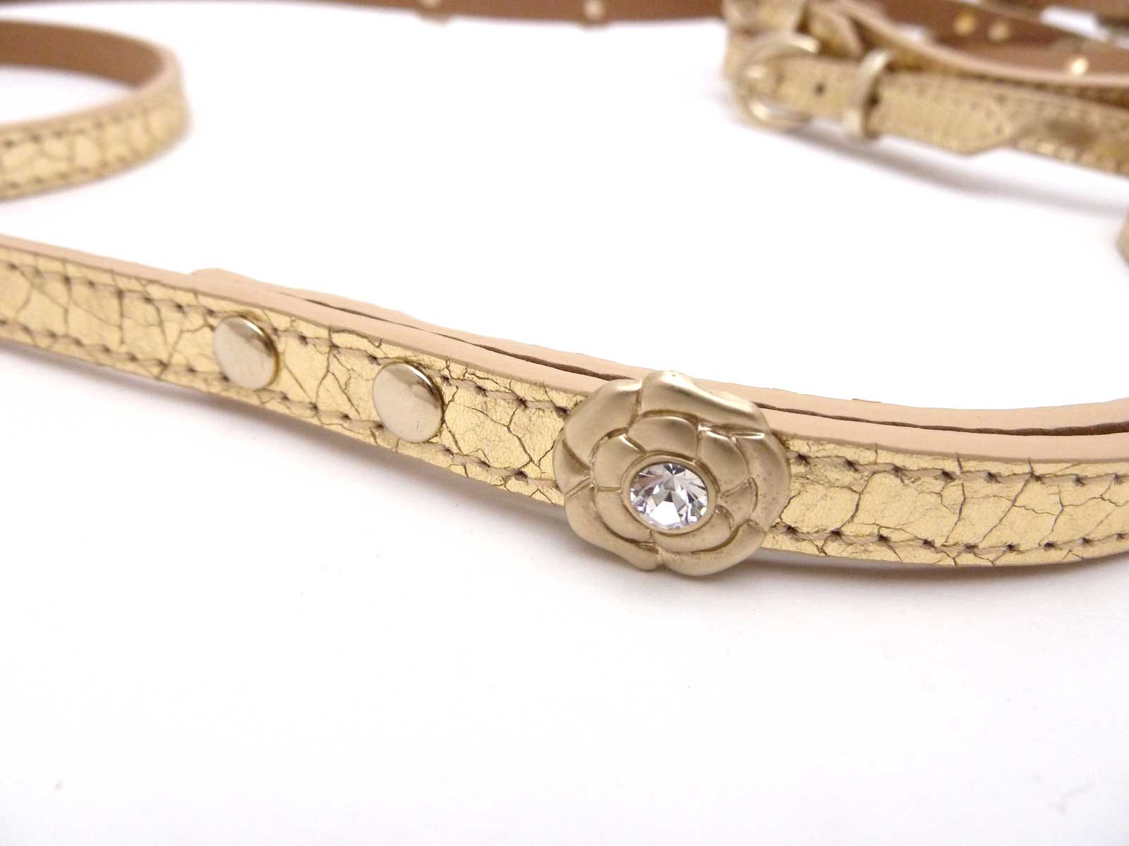 Auth CHANEL 08C Camellia Flower Dog Collar and Leash Set Gold Leather e25365 eBay