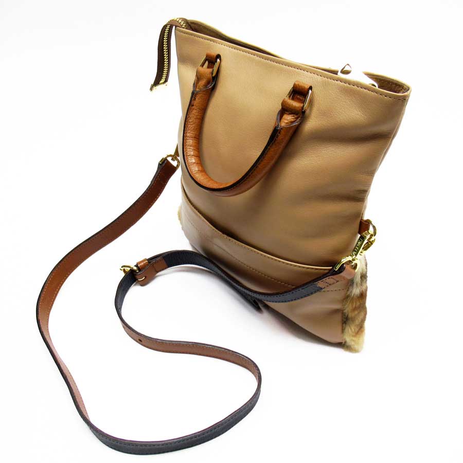 Auth A.D.M.J. 2-Way Handbag Shoulder Bag Beige/Multicolor Leather/Fur