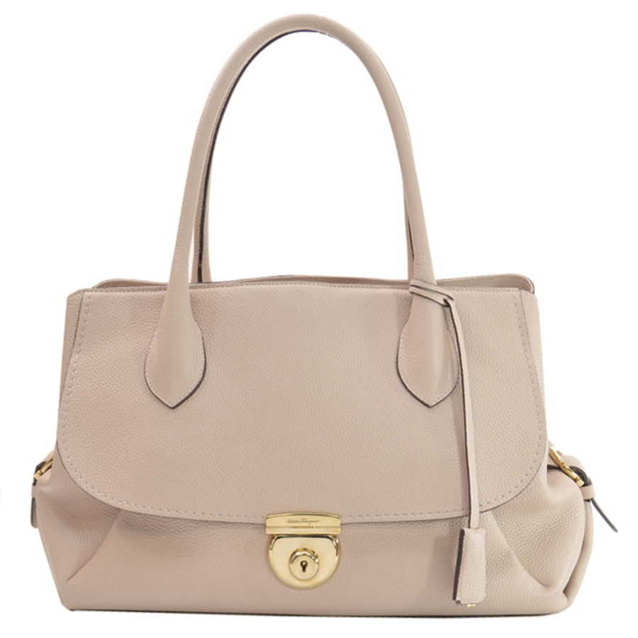 Auth Salvatore Ferragamo Gancini Handbag Beige Leather DH-21 E978 ...