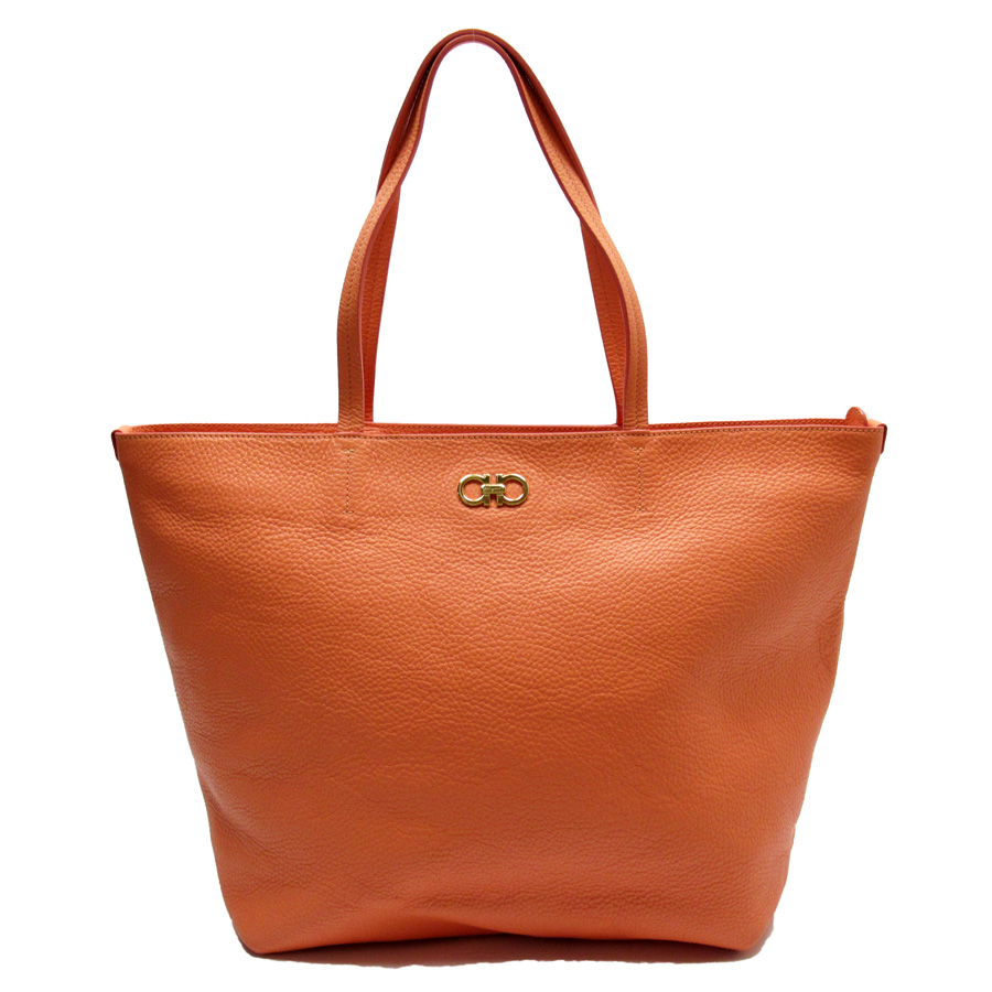 Auth Salvatore Ferragamo Gancini Shoulder Bag Orange Leather/Goldtone ...
