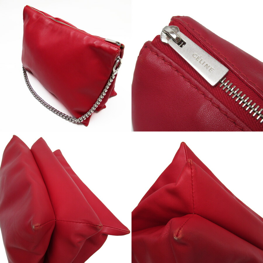 Auth CELINE Trio Chain Shoulder Bag Red Leather/Silvertone - 53432a | eBay