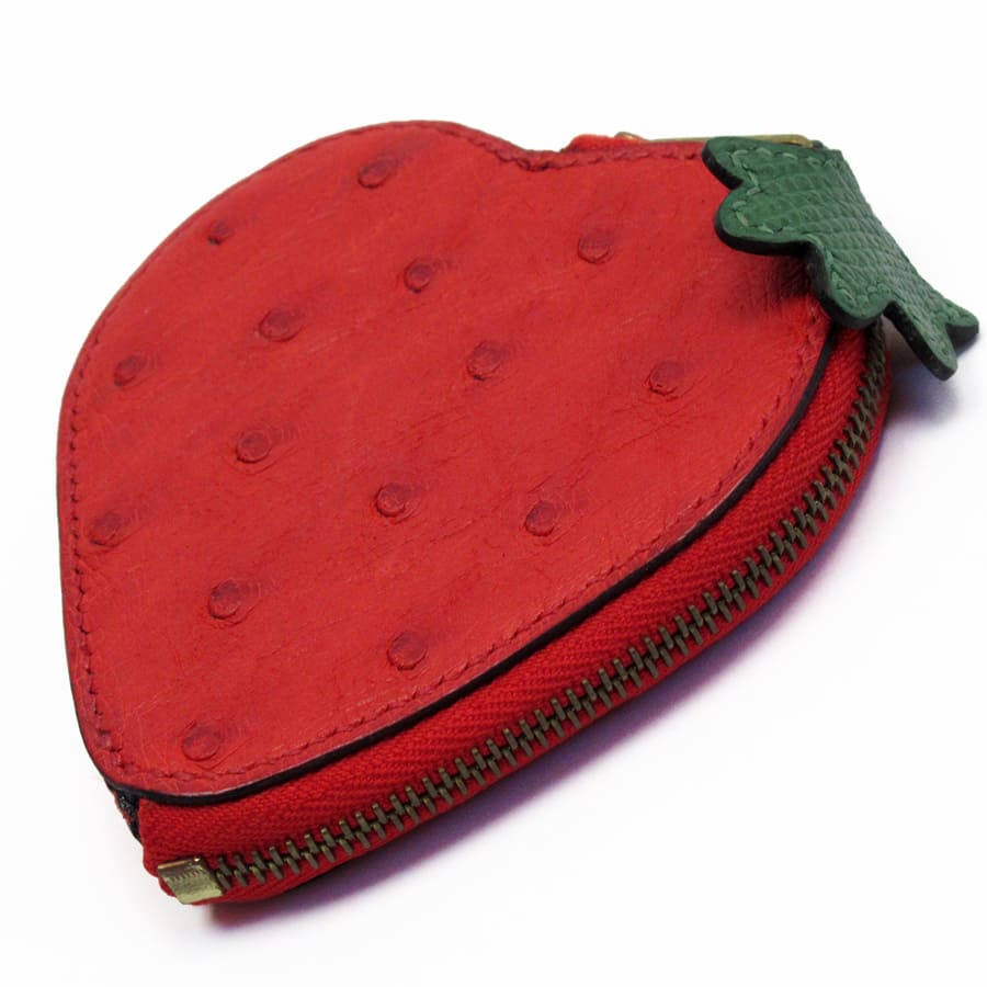 Authentic HERMES Strawberry Motif Coin Case Purse Ostrich X (2016