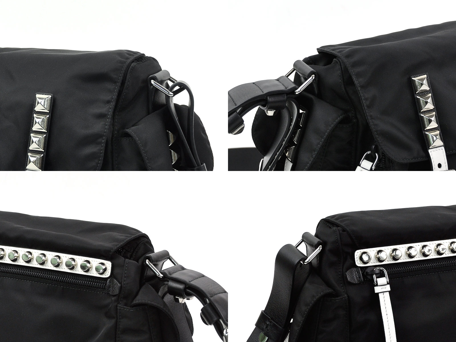 Auth PRADA Studs Shoulder Bag Black/White Nylon/Leather - 97079 | eBay