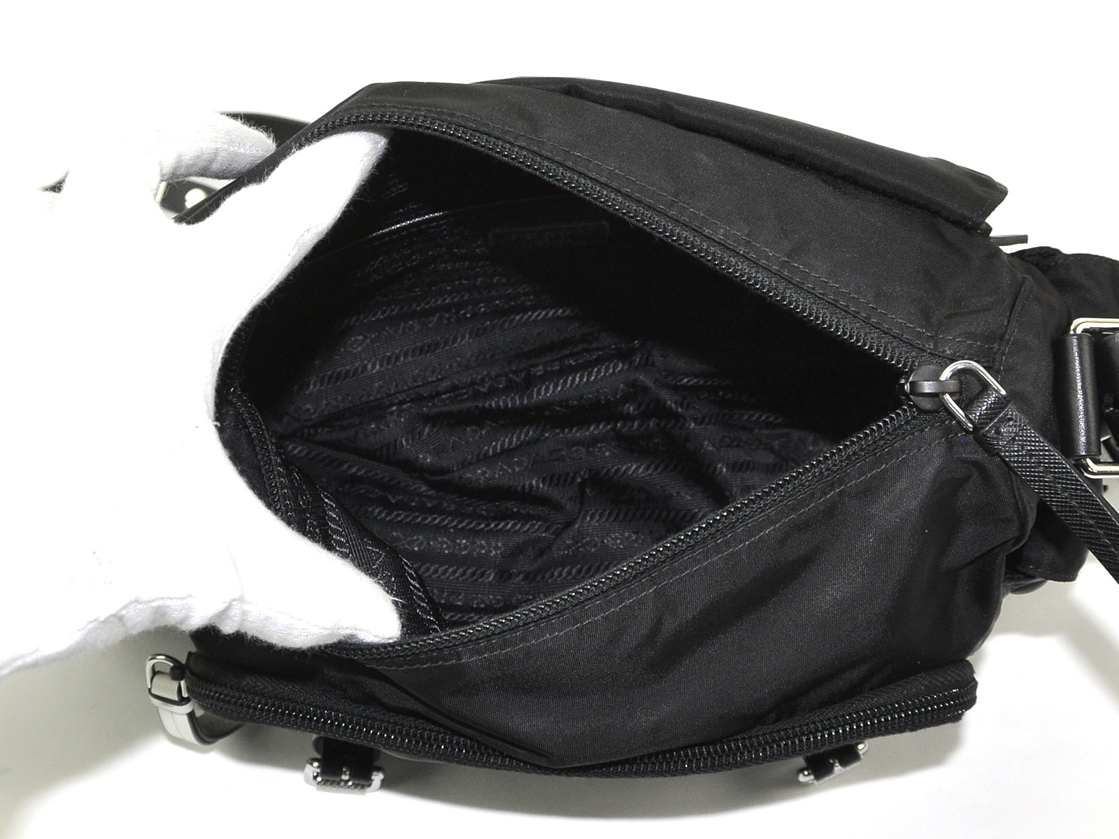 Auth PRADA Studs Shoulder Bag Black/White Nylon/Leather - 97079 | eBay