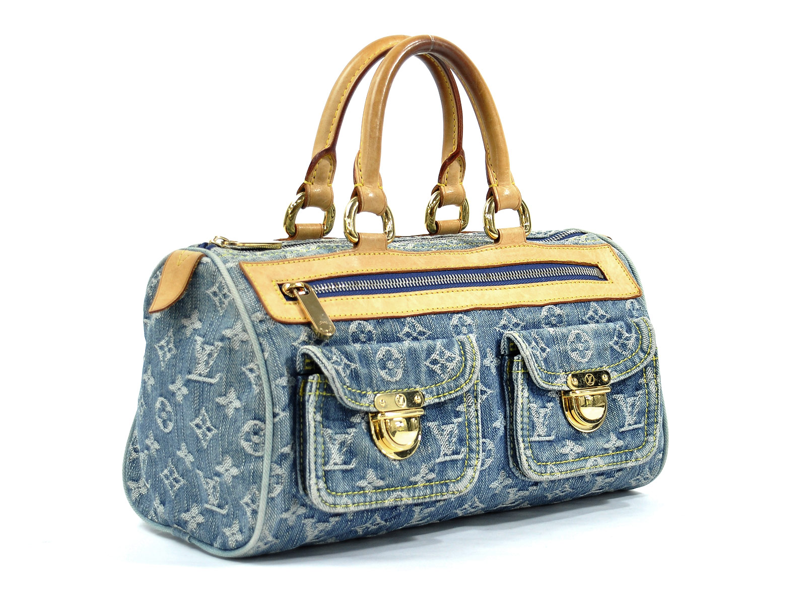 LOUIS VUITTON Neo Speedy Bag Monogram Denim Blue Beige Leather Handbag  M95019