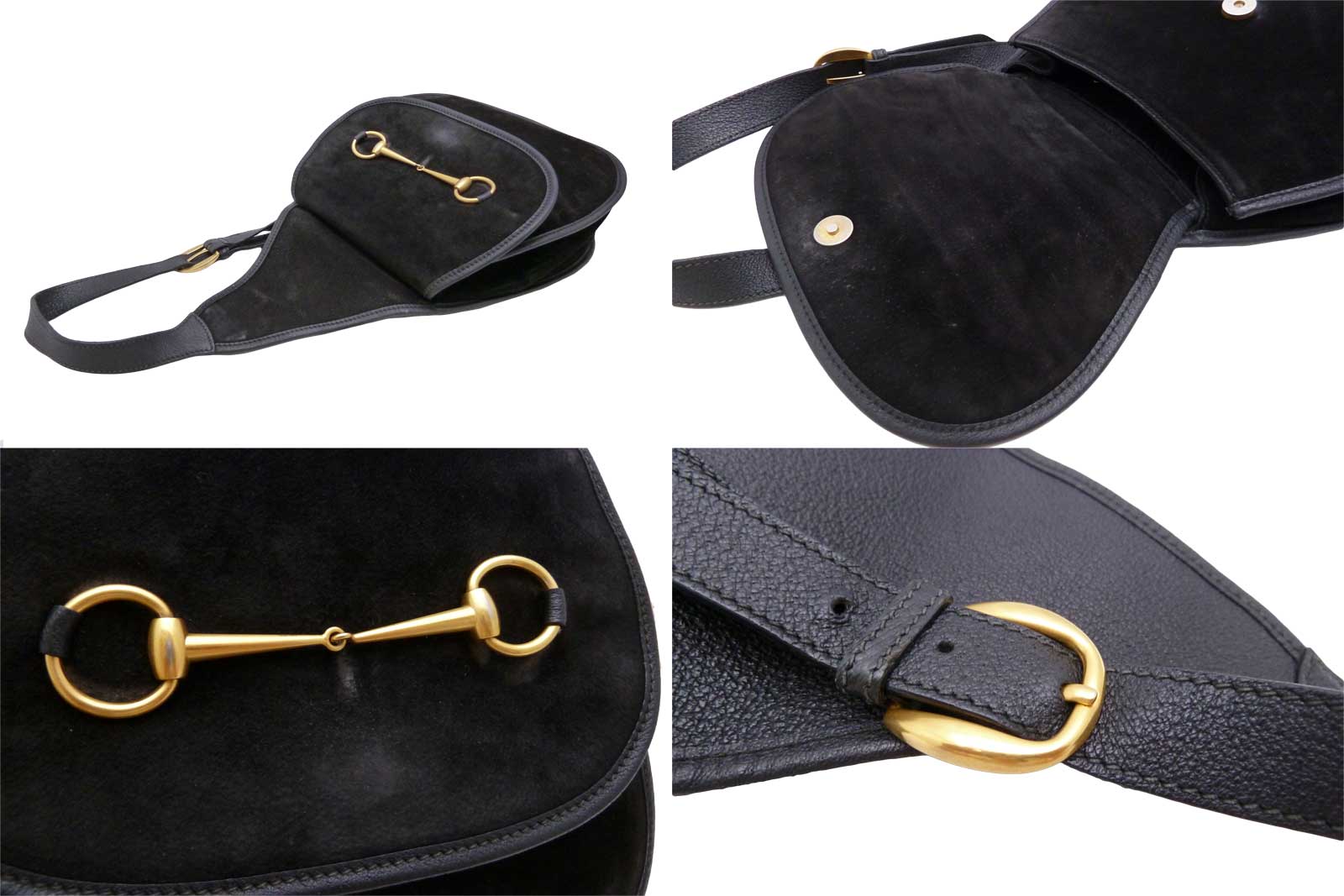 Auth GUCCI Horsebit Single Strap Shoulder Bag Black Suede/Leather ...