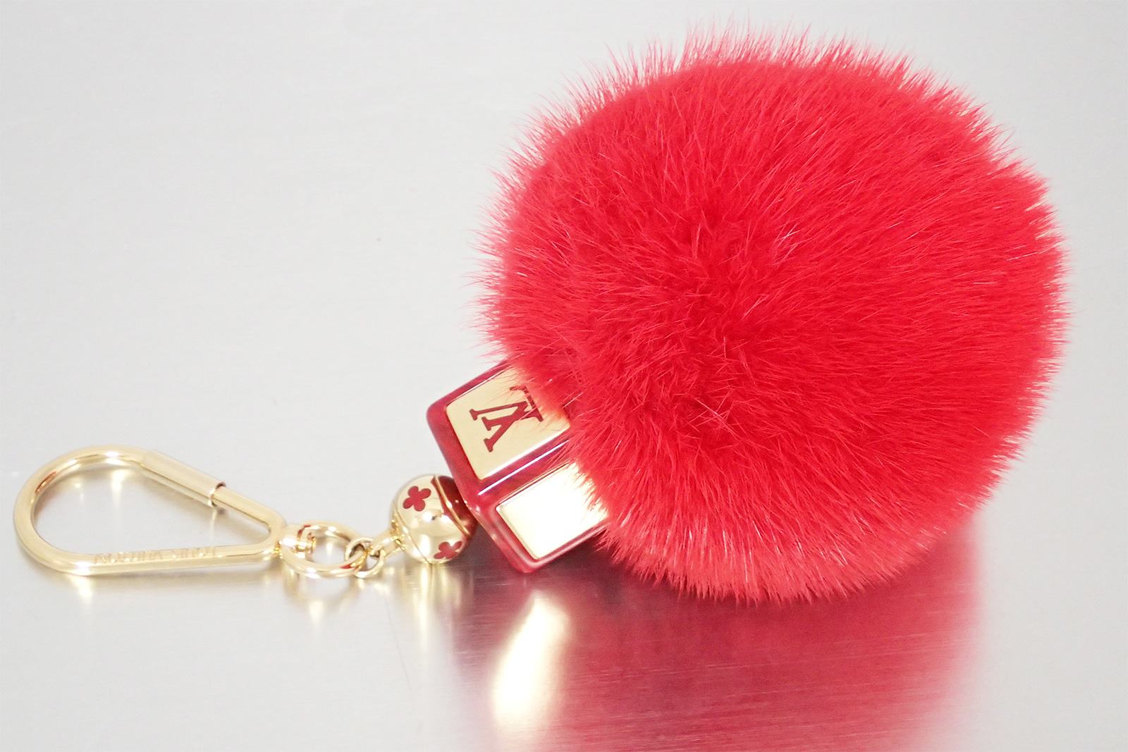 Auth Louis Vuitton Monogram Fluffy Bag Charm Fur Red/Gold w/ box ...
