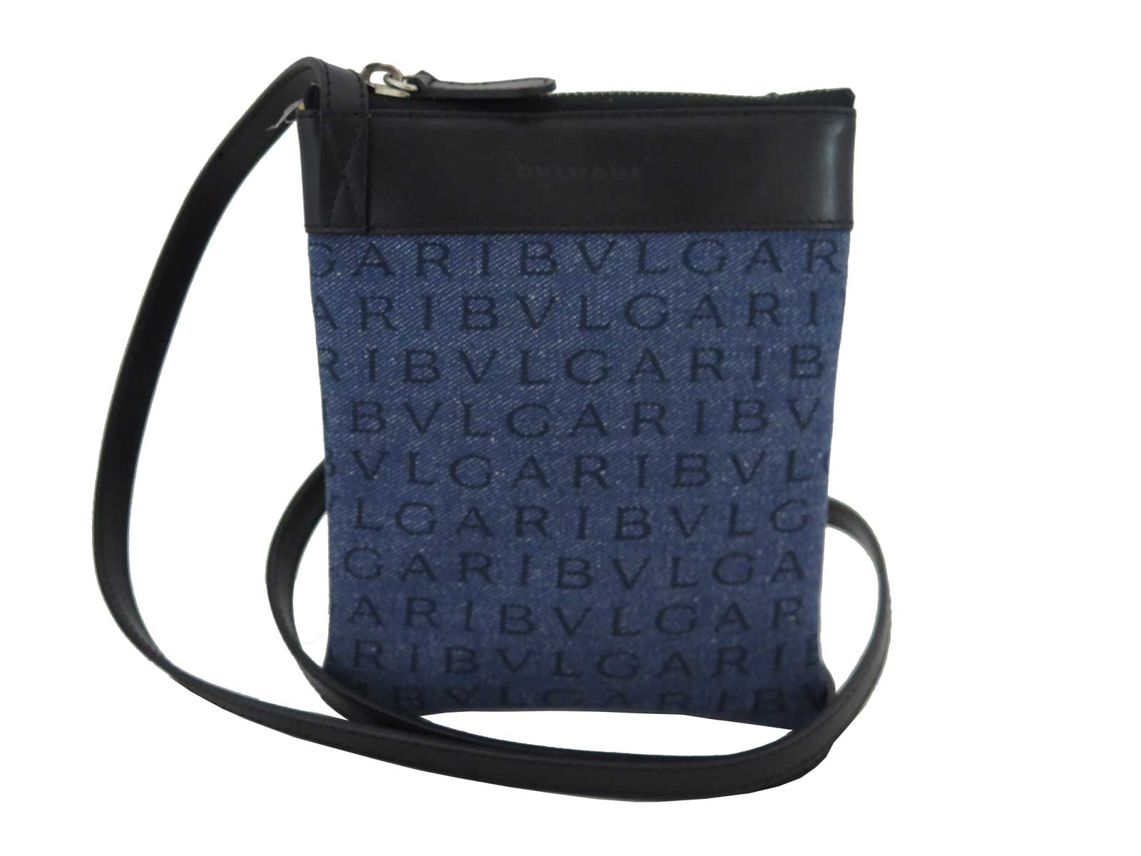 Auth BVLGARI Logo Shoulder Bag Blue/Black/Silvertone Denim Canvas