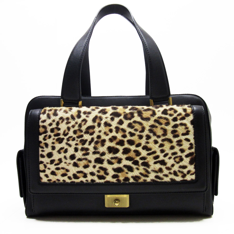 Auth Jimmy Choo Leopard Handbag Black Beige Leather Calf Hair Image Is Loading Auth Jimmy Choo Leopard Handbag Black Beige Leather