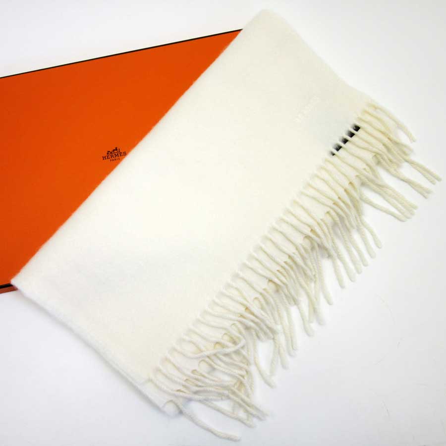 Auth HERMES Logo Muffler Scarf Off White 100% Cashmere - h21319 | eBay