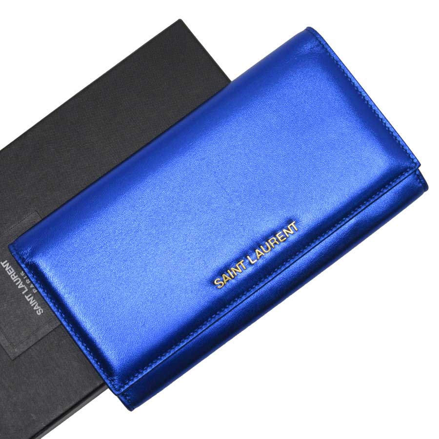 Auth-SAINT-LAURENT-Bifold-Long-Wallet-Metallic-Blue-Gold-Leather-h21371