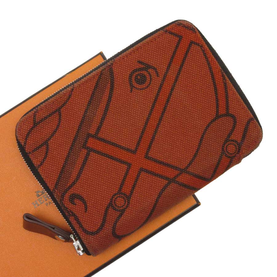 Auth HERMES Square P (2012) Steeple Compact Wallet Orange/Brown Canvas - h21542 | eBay