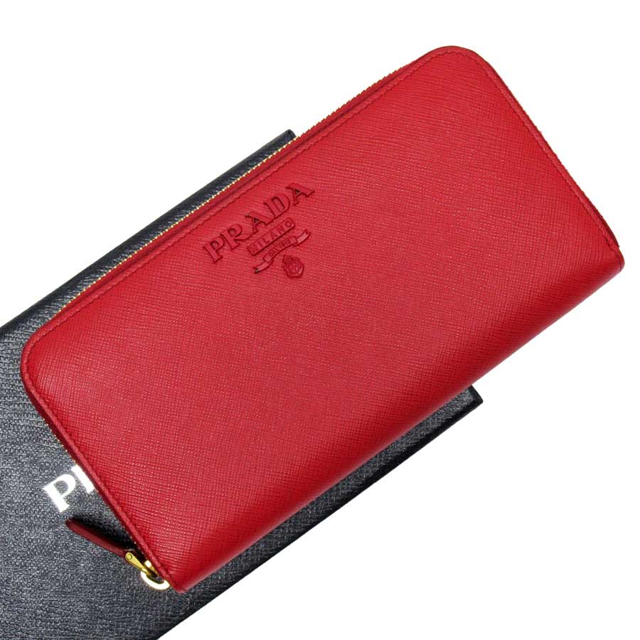 Auth-PRADA-Logo-Zip-Around-Long-Wallet-Red-Saffiano-Leather-Goldtone-h21946