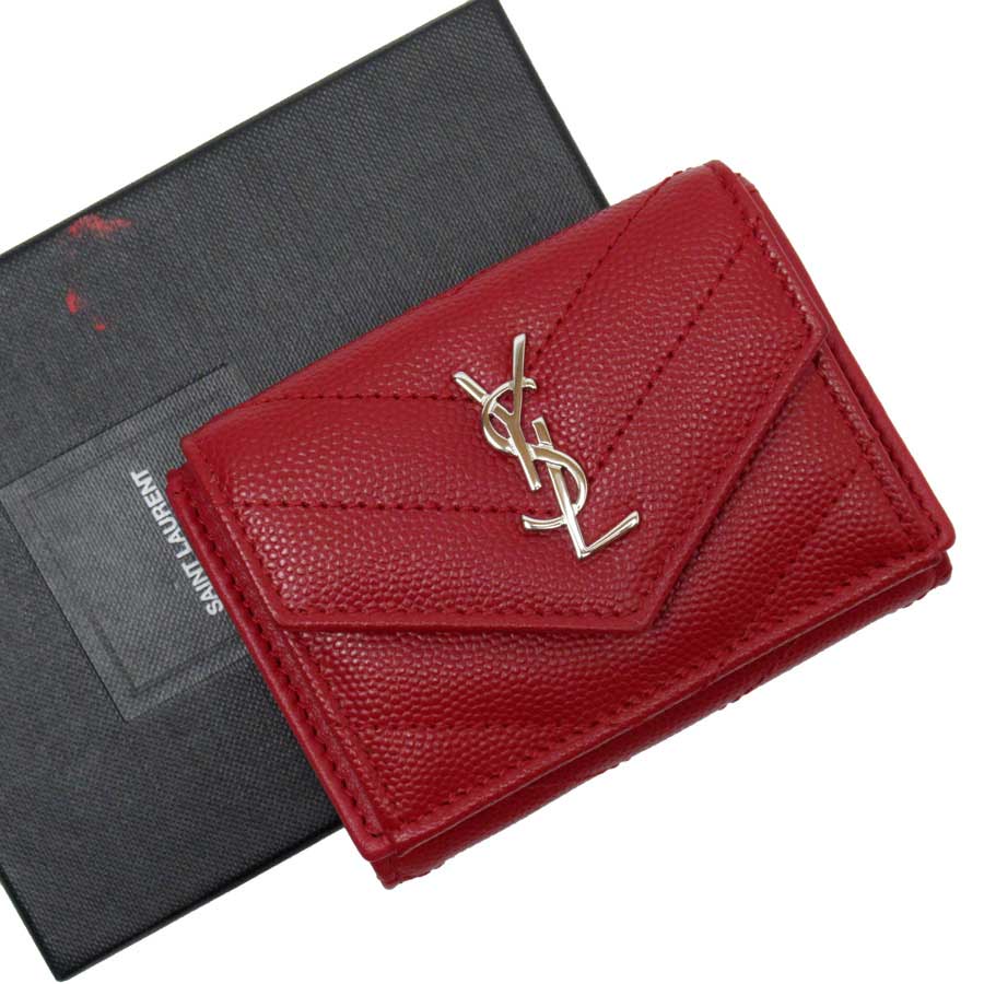 Auth SAINT LAURENT Monogram Trifold Wallet Compact Wallet Red/Silver -  h22307 | eBay