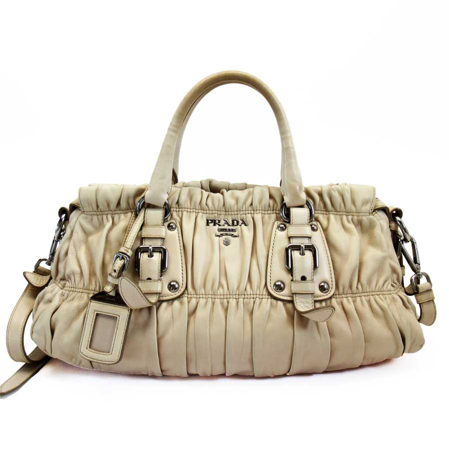 Auth PRADA Logo 2-Way Handbag Shoulder Bag Cream Beige Leather - h22466 ...