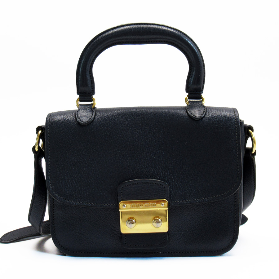 Auth MIUMIU 2-Way Handbag Shoulder Bag Navy/Gold Leather/Goldtone