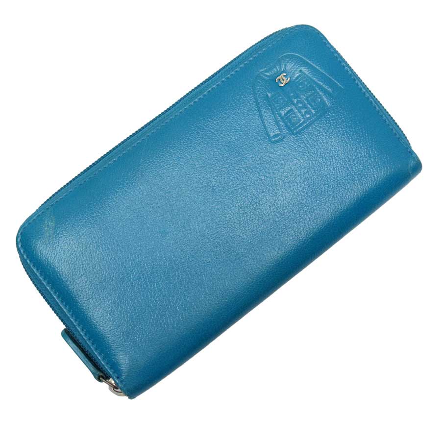 Auth CHANEL CC Jacket Embossed Wallet Zip Around Long Wallet Blue - h23063