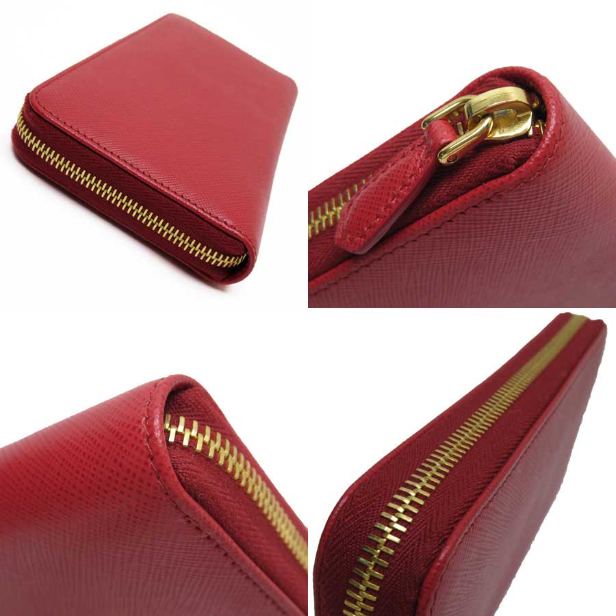 Auth PRADA SAFFIANO TRIANG Zip Around Long Wallet Red Leather 1ML506 ...