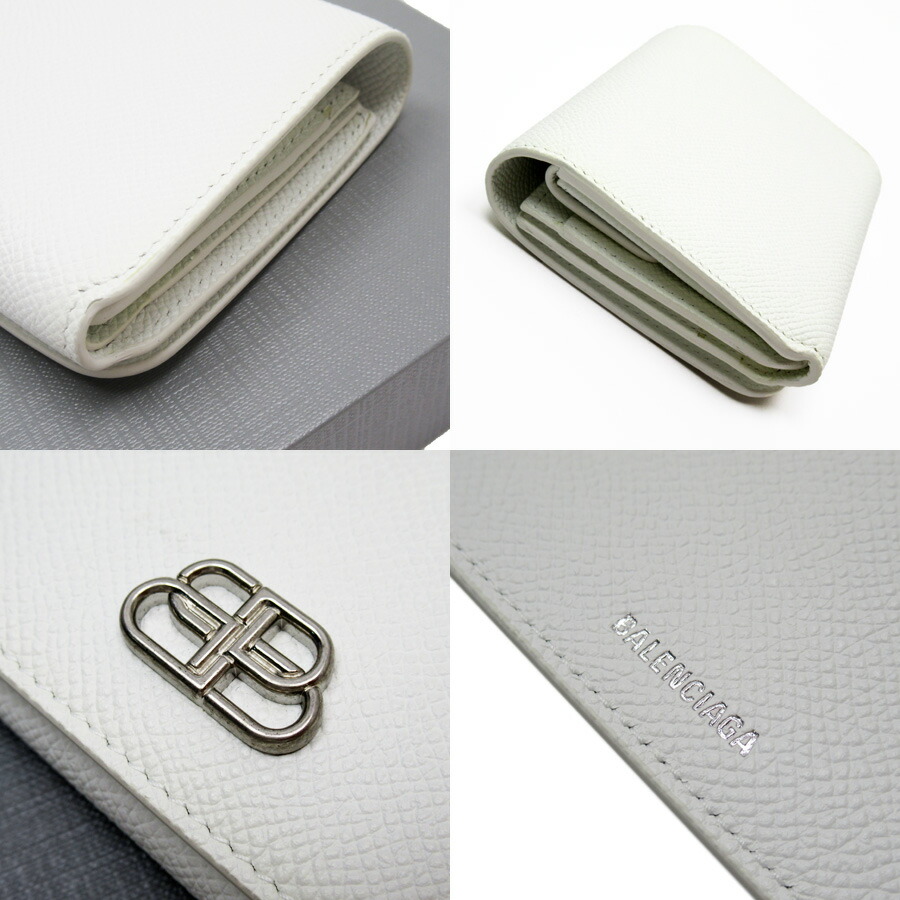Auth BALENCIAGA BB Compact Wallet Trifold Wallet White Leather 601462