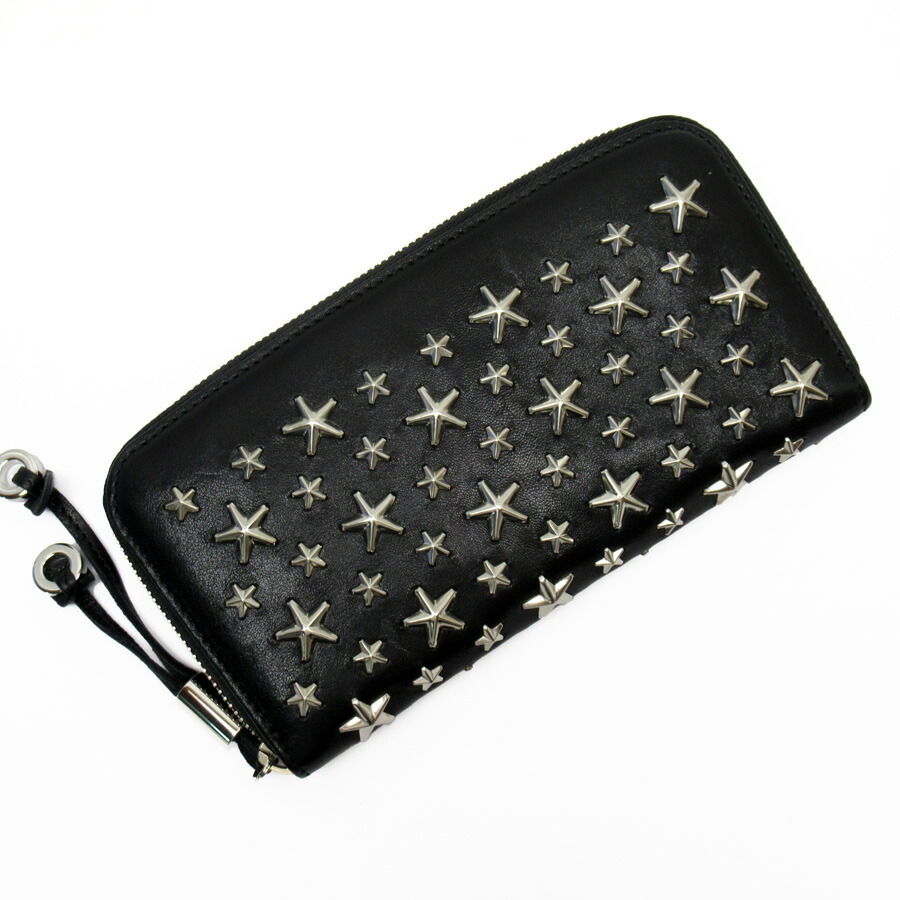 Auth JIMMY CHOO Star Studs Zip Around Long Wallet Black/Silver Leather -  h26938b