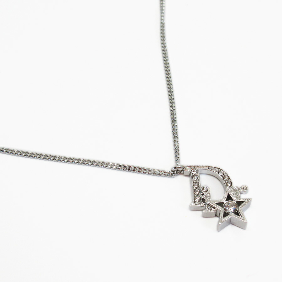 Auth Christian Dior Logo Star Motif Pendant Necklace Silvertone - h27016f