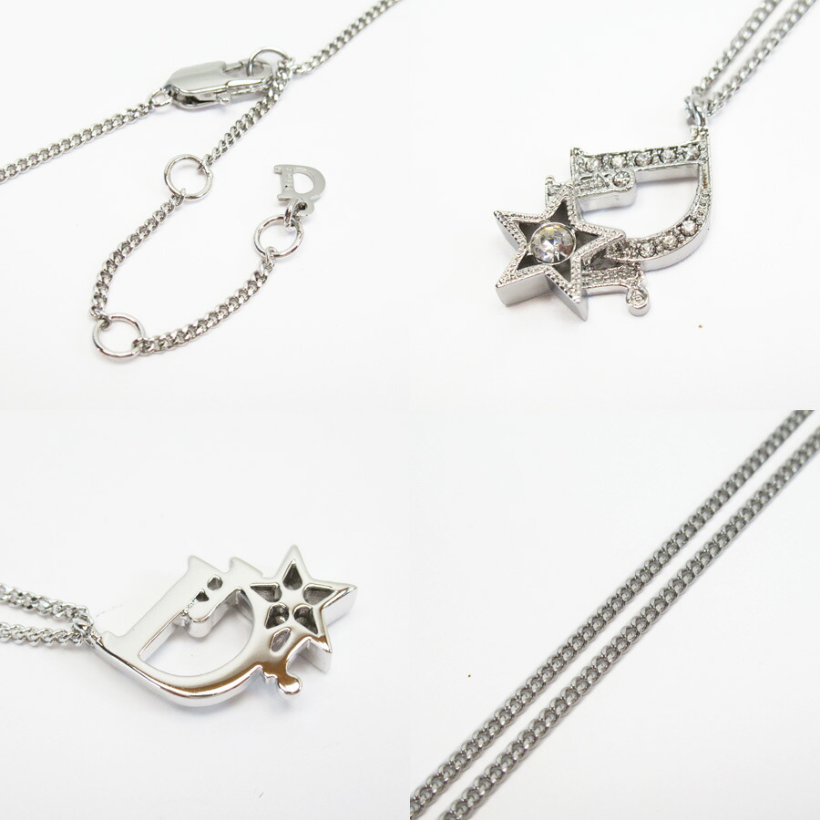 Auth Christian Dior Logo Star Motif Pendant Necklace Silvertone - h27016f