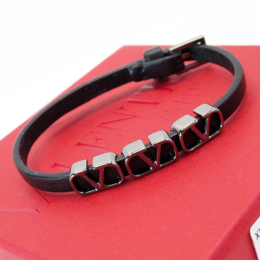 VALENTINO GARAVANI Logo Bracelet Bangle Black/Silver Leather - h28947f eBay
