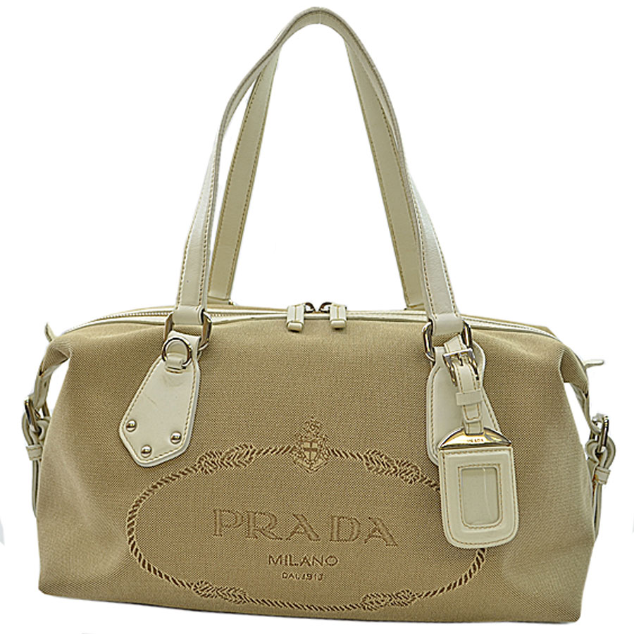 Auth Prada Logo Jacquard Mini Boston Shoulder Bag Beige Canvas Image Is Loading Auth Prada Logo Jacquard Mini Boston Shoulder Bag