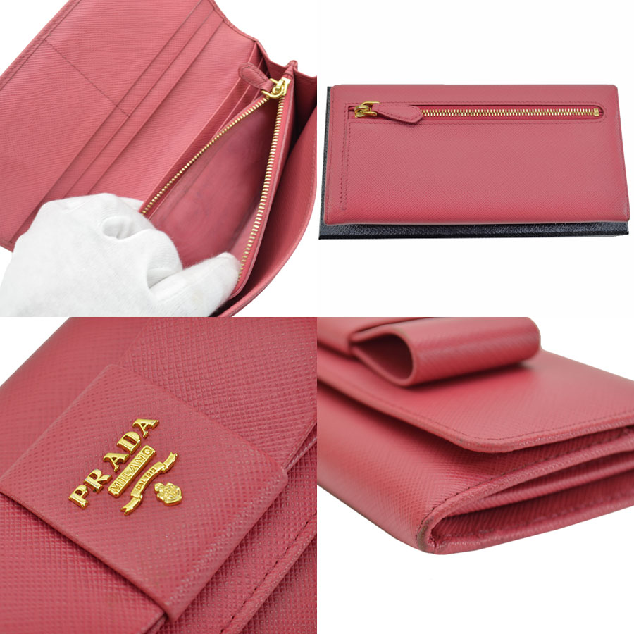 Auth PRADA Logo Ribbon Bifold Long Wallet Pink/Gold Saffiano Leather ...