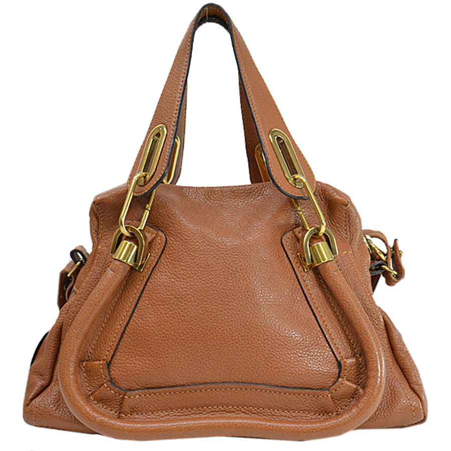 Auth Chloe PARATY 2-Way Handbag Shoulder Bag Brown Leather/Goldtone