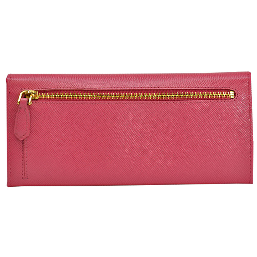 Auth PRADA SAFFIANO TRIANG Bifold Long Wallet Pink/Gold Leather