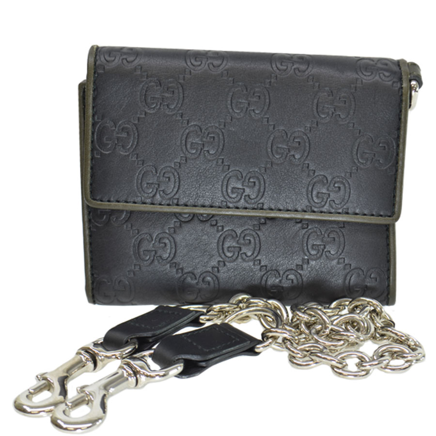 Auth GUCCI Guccissima Trifold Wallet Black Leather/Silvertone 256447