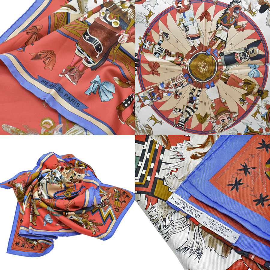 Auth HERMES Carres 90 Kachinas Scarf Multicolor 100% Silk - r8530f