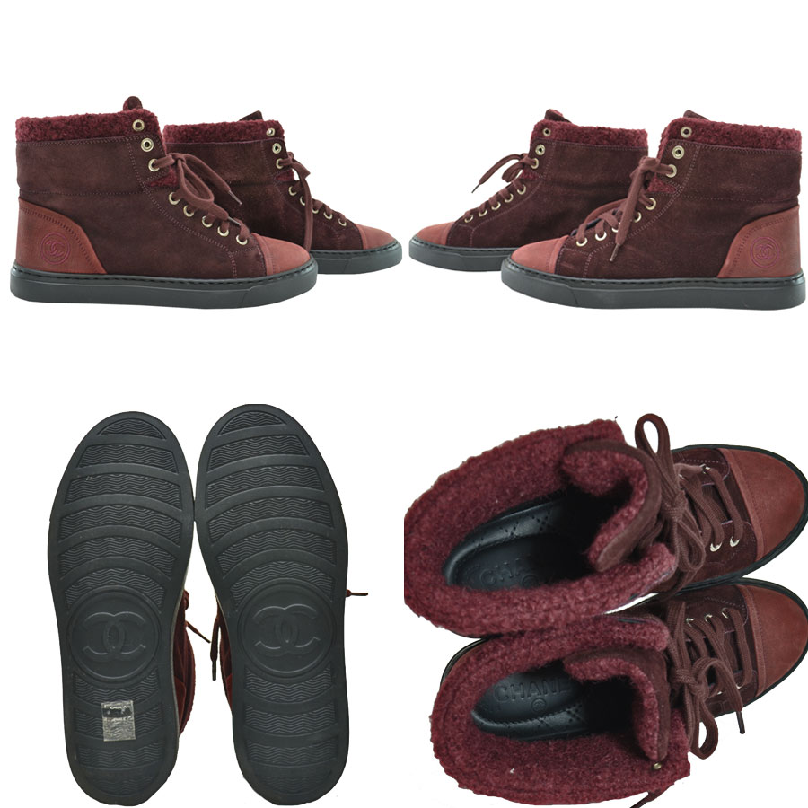 Auth CHANEL CC Logo Sneakers Bordeaux Leather/Suede G31058 *US Size: 7 -  r8690f