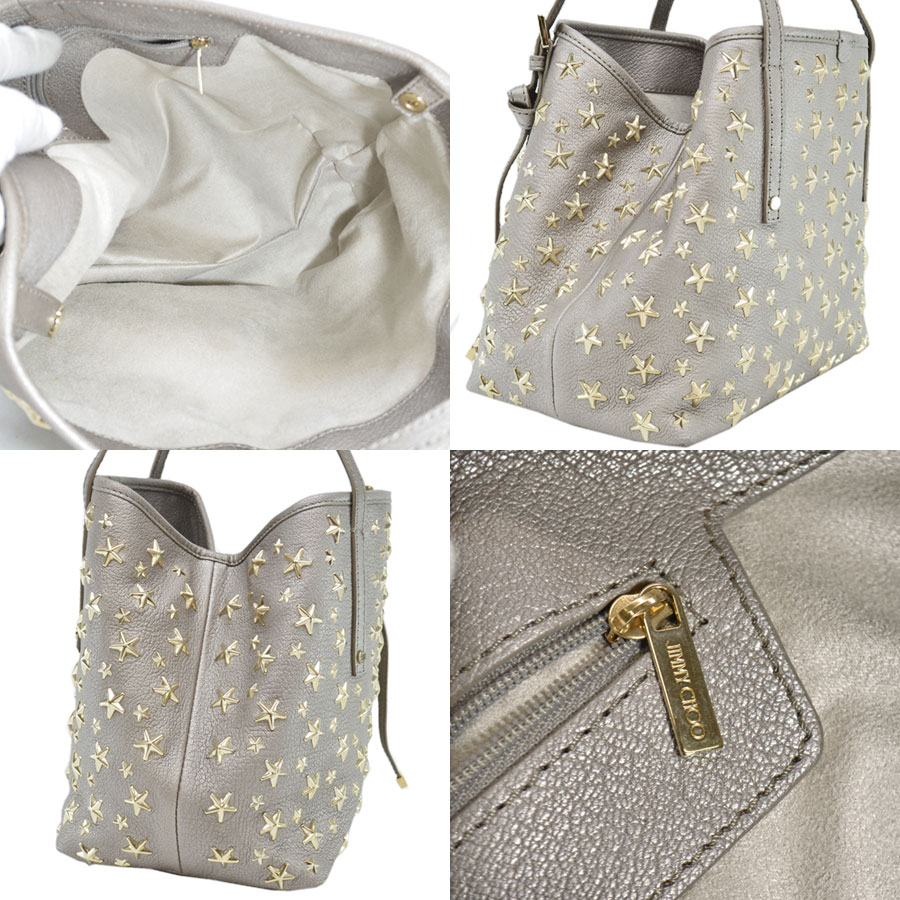 Auth JIMMY CHOO Star Studs SASHA S Handbag Tote Bag Gray/Gold Leather -  r8801g