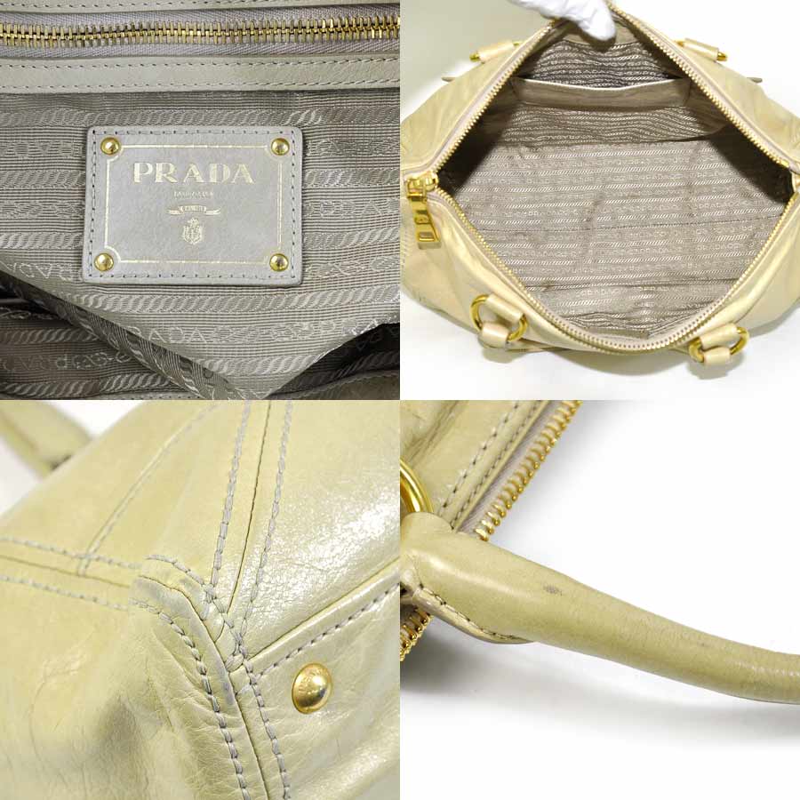 Auth PRADA 2-Way Handbag Shoulder Bag Light Yellow Beige Leather - x1908