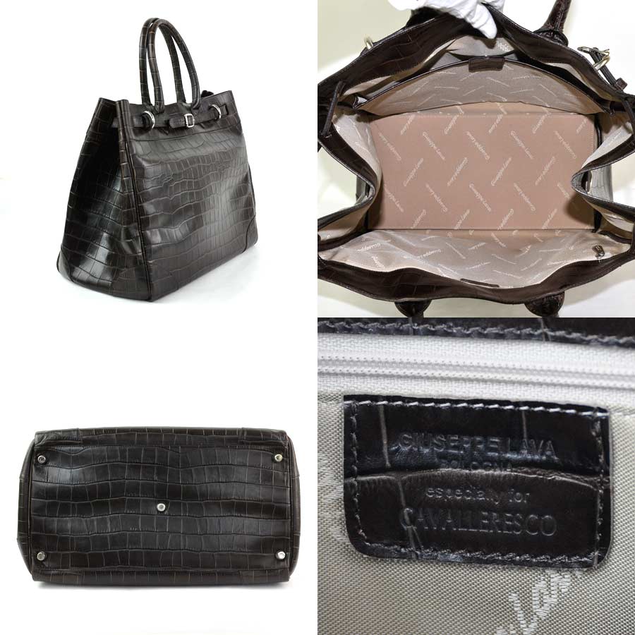 Auth GIUSEPPE LAVA 2-Way Handbag Shoulder Bag Brown Leather/Silvertone