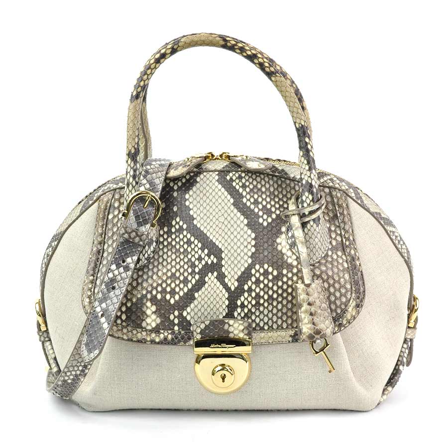 Auth Salvatore Ferragamo 2-Way Handbag Shoulder Bag Canvas/Python ...