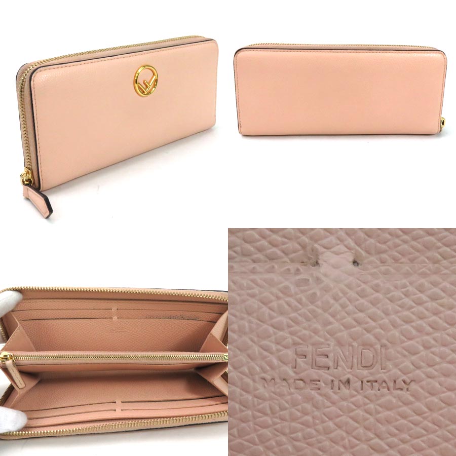 Auth FENDI F is Fendi SLIM ZIP AROUND WALLET Light Pink/Gold Leather -  y15144g