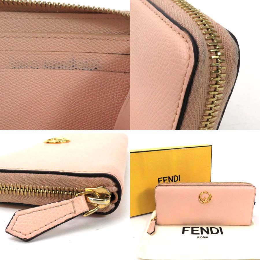 Auth FENDI F is Fendi SLIM ZIP AROUND WALLET Light Pink/Gold Leather -  y15144g