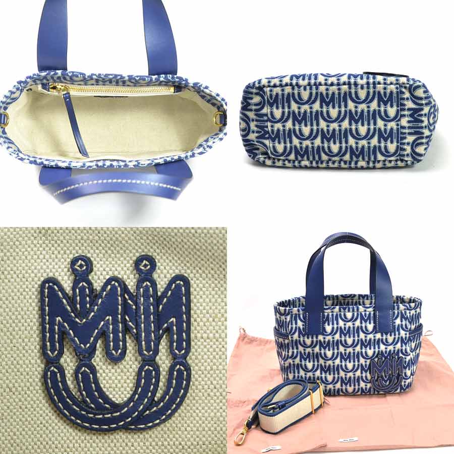 Auth MIU MIU JACQUARD 2Way Handbag Shoulder Bag BLEU(Blue) 5BA209 