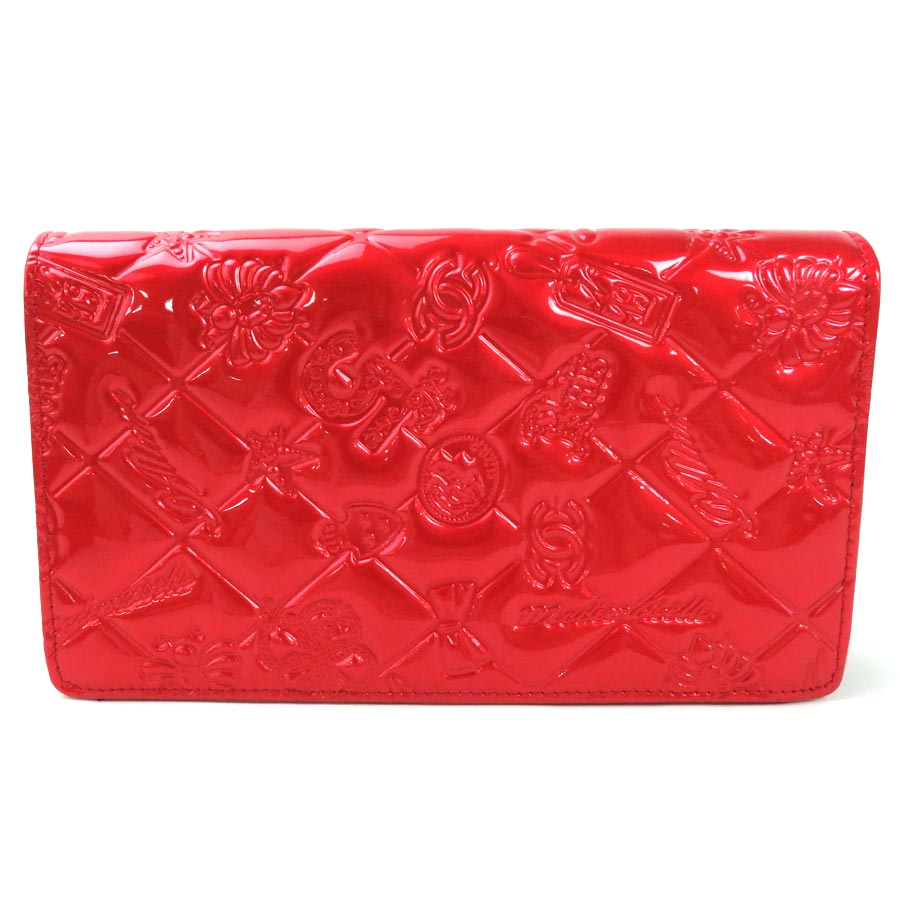 Auth CHANEL Icon Bifold Long Wallet Red Patent Leather - y15505f
