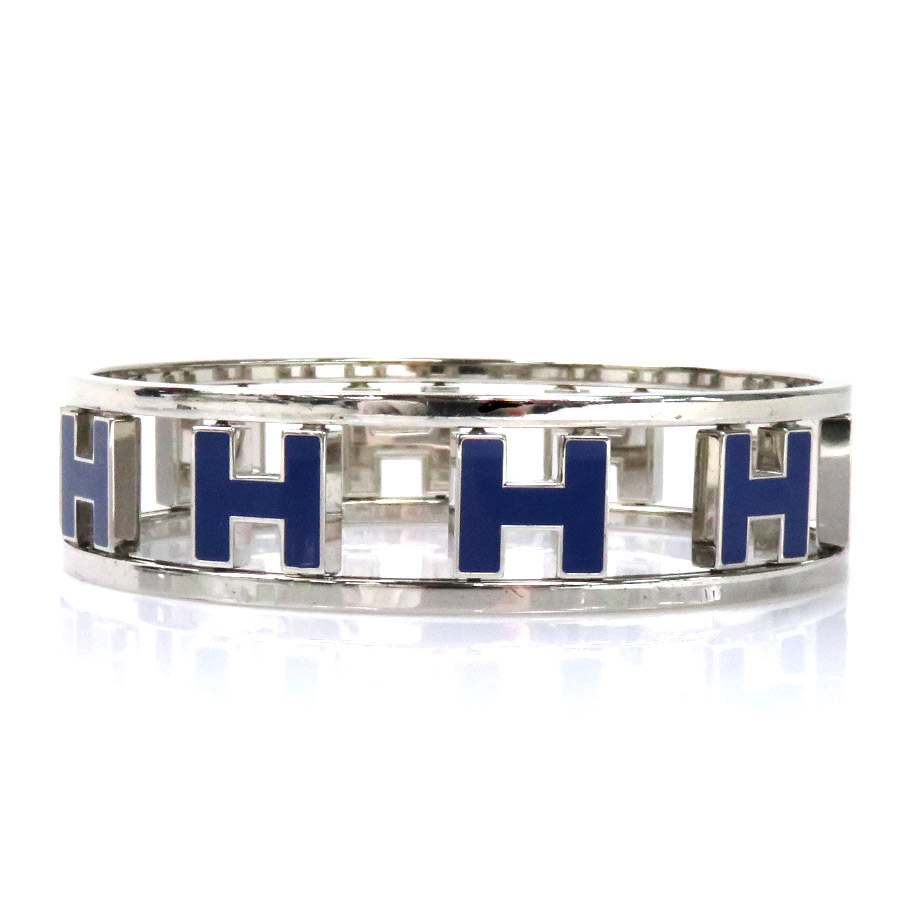 Auth HERMES Rondo Ash H bracelet Bangle Silver/Navy Metal/Enamel - y15520f